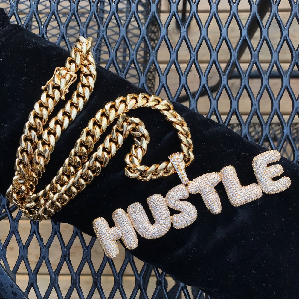 Iced HUSTLE Pendant w 18k 12mm Cuban Link Chain